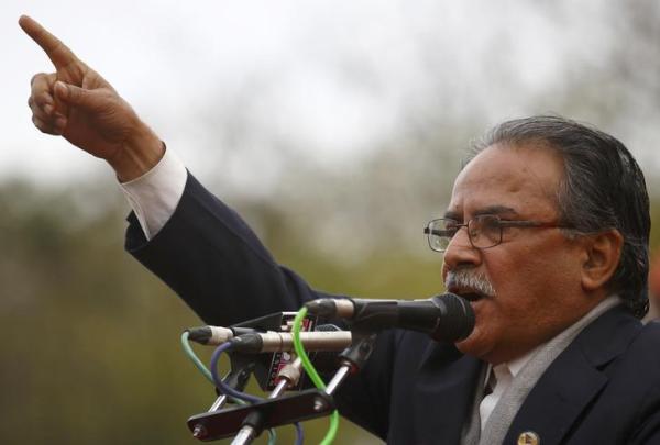 Chairman of the Unified Communist Party of Nepal Pushpa Kamal Dahal also known as Prachanda addresses the mass demonstration organized by the opposition alliance led by the party demanding to draft the new constitution through consensus of all