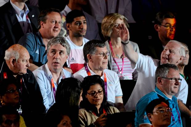 FAI Chief executive John Delaney and Pat Hickey at Katie Taylor’s semi-final contest at the 2012 Olympics. Seated behind them is then British Prime Minister David Cameron