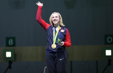 Aug 6 2016 Rio de Janeiro Brazil Virginia Thrasher celebrates winning the gold medal in the 10m air rifle competition at Olympic Shooting Centre. Mandatory Credit Geoff Burke-USA TODAY Sports