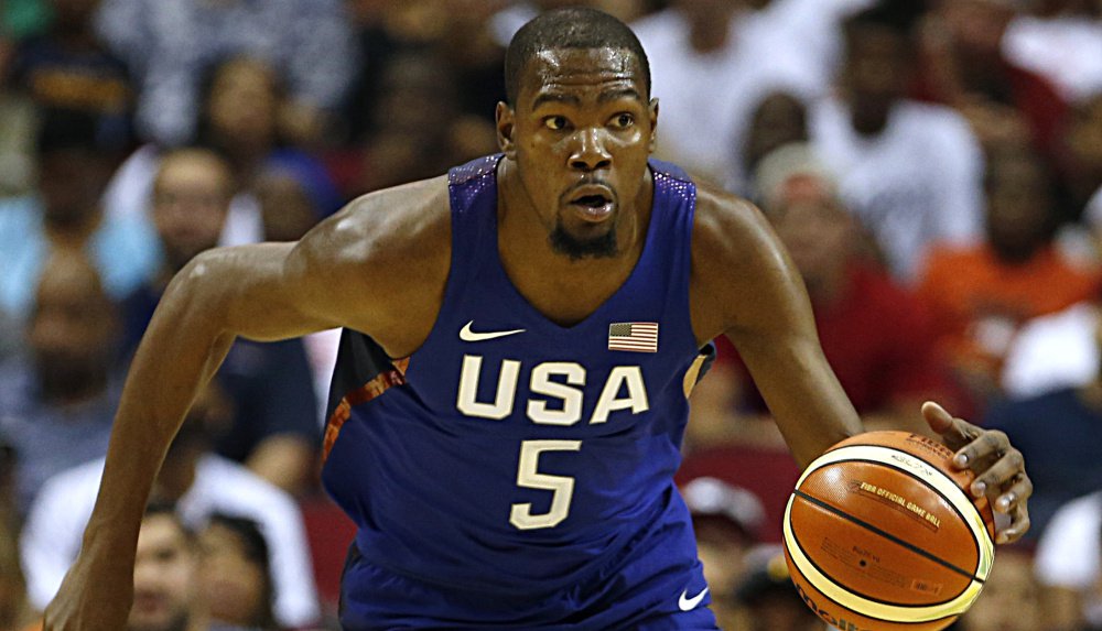 Kevin Durant brings the ball down the court Monday night during the final pre Olympic exhibition for the United States. The U.S. wrapped up a hardly-tested schedule with a 110-66 victory against Nigeria at Houston