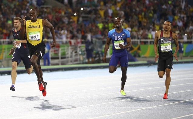 Usain Bolt of Jamaica on the way to winning the gold medal in the 200 m dash at the Rio olympics. Also in the