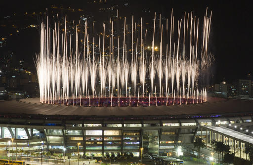 Fireworks explode above the Maracana stadium during the opening ceremony of the Rio's 2016 Summer Olympics in Rio de Janeiro in Rio de Janeiro Brazil Friday Aug. 5 2016