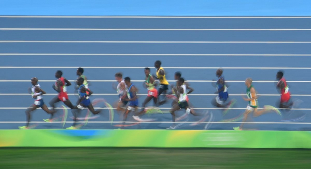 Mohamed Farah of Great Britain leads the field during the Men's 5000 meter Final on Day 15 of the Rio 2016 Olympic Games at the Olympic Stadium