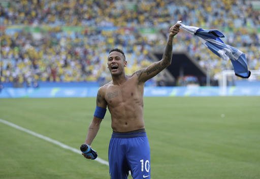 Brazil's Neymar celebrates at the end of a semifinal match of the men's Olympic football tournament between Brazil and Honduras at the Maracana stadium in Rio de Janeiro Wednesday Aug. 17 2016. Brazil won the match 6-0 and qualified for the final.(AP Pho