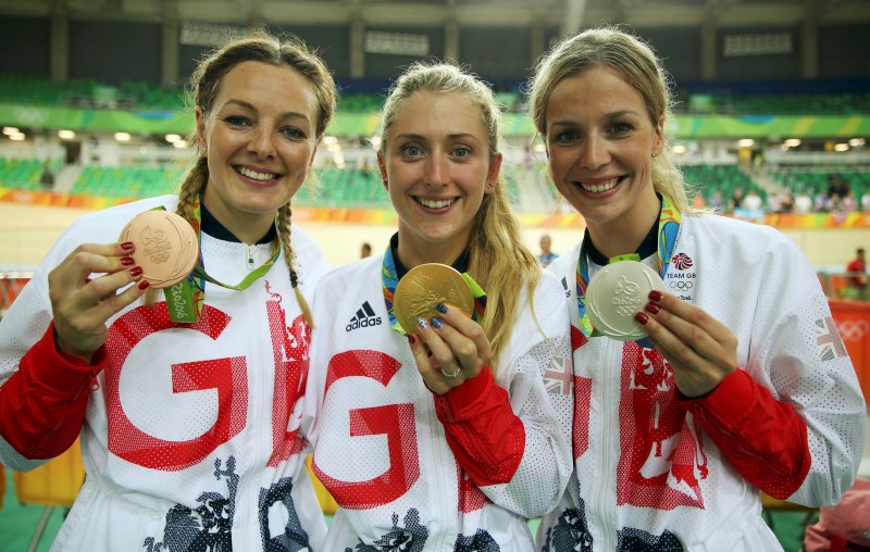 2016 Rio Olympics- Cycling Track- Victory Ceremony- Women's Sprint Victory Ceremony- Rio Olympic Velodrome- Rio de Janeiro Brazil- 16/08/2016. Silver medalist Rebecca James of Britain bronze medalist Katy Marchant of Britain and