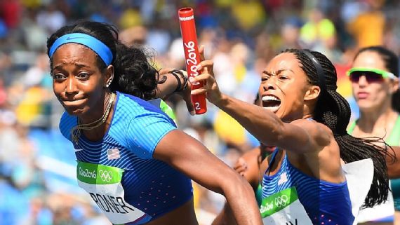 Allyson Felix of the U.S. attempts to hand the baton to English Gardner during a preliminary heat of the women's 4x100-meter relay on Thursday. Frack Fife  AFP  Getty Images