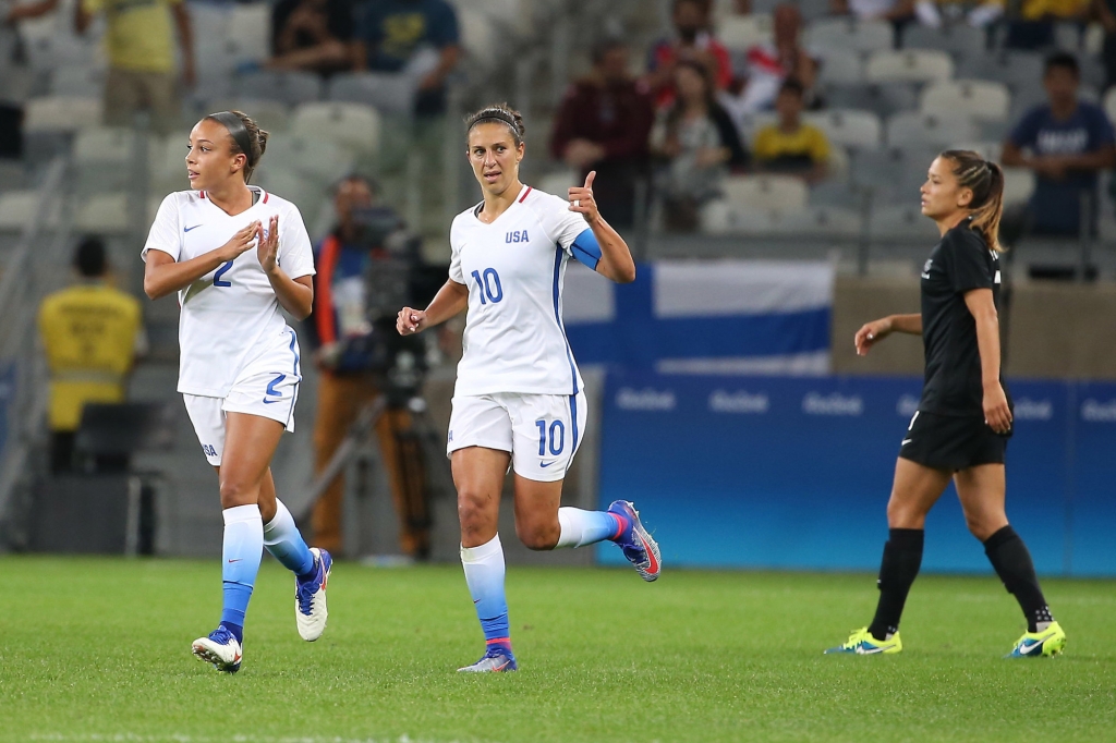 United States&apos Carli Lloyd center celebrates after scoring against New Zealand during a Women's Olympic Football Tournament match at the Mineirao stadium in Belo Horizonte Brazil Wednesday Aug. 3 2016