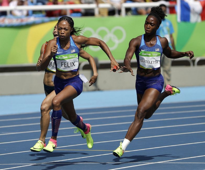 The United States’ women’s 4×100-meter relay team made it to the finals after first dropping the baton and having their hopes dashed on Aug. 18