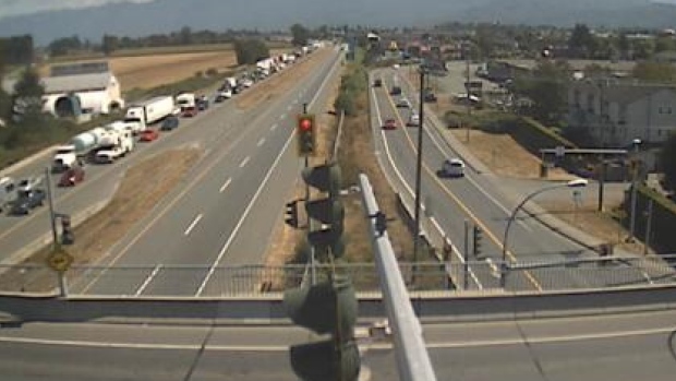 A shot from a highway camera at Evans Road in Chilliwack shows westbound traffic backed up because of a Tuesday morning collision that police say killed one person