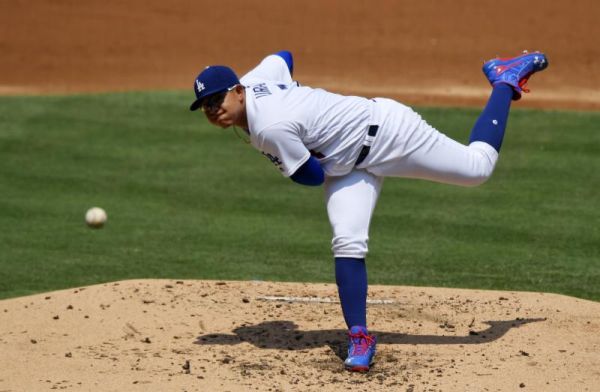 Los Angeles Dodgers starting pitcher Julio Urias throws