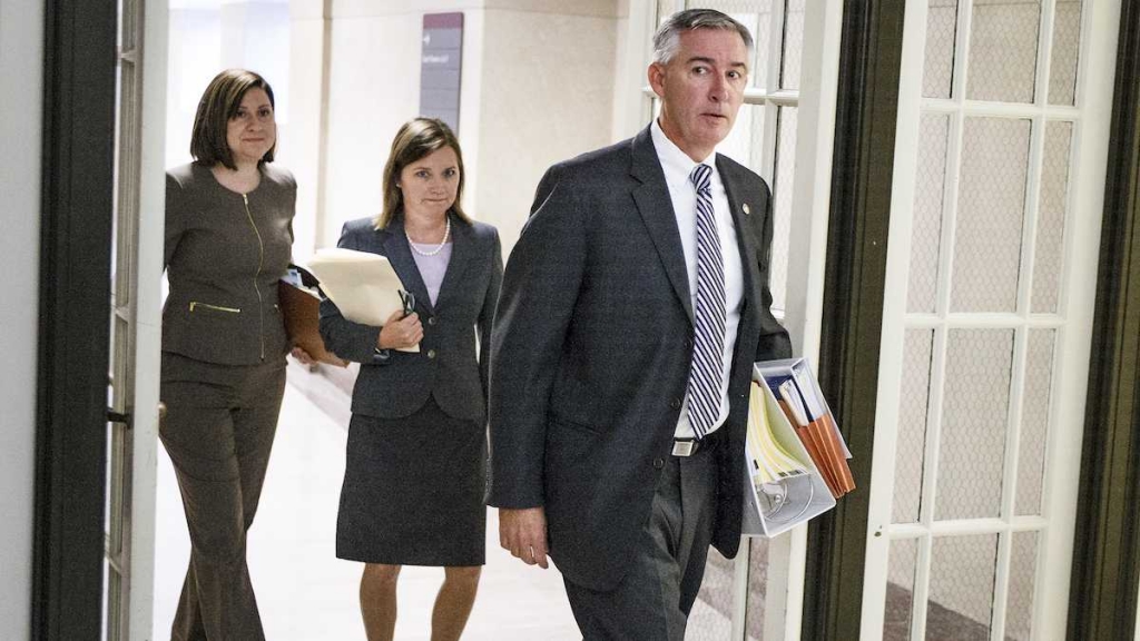 Montgomery County District Attorney Kevin Steele walks into the courtroom on the second day of Pennsylvania Attorney Kathleen Kane's trial at the Montgomery County Courthouse in Norristown,Pa. Tuesday Aug. 9 2016. Kane faces perjury and other charges