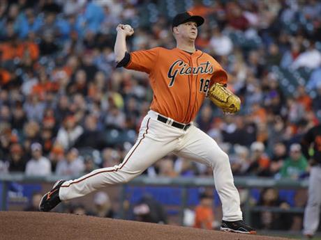 San Francisco Giants starting pitcher Matt Cain throws in the first inning of a baseball game against the Baltimore Orioles Friday Aug. 12 2016 in San Francisco