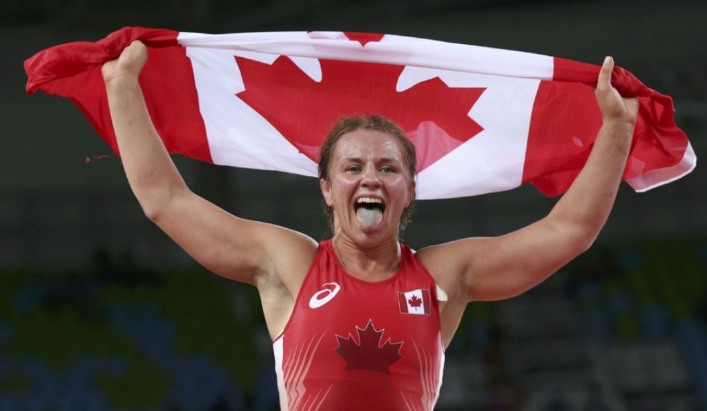 Erica Wiebe of Canada celebrates winning the gold medal in wrestling at the Rio Olympics