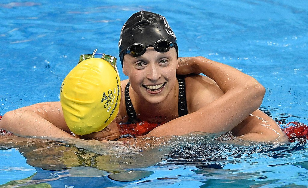 U.S. gold medal winner Katie Ledecky is congratulated by Sweden's silver medal winner Sarah Sjostrom after the women's 200-meter freestyle at the 2016 Summer Olympics on Tuesday in Rio de Janeiro Brazil