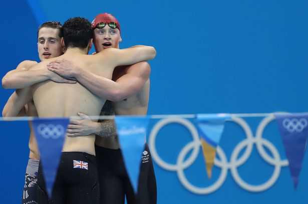 Great Britain team celebrate finishing second in Men's 4 x 100m Medley Relay Final at the Olympic Aquatics Stadium on the eighth day of the Rio Olympic Games