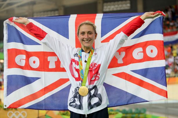 Laura Trott on the podium after winning gold in the Women's Omnium