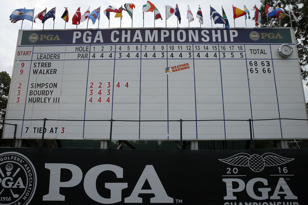 A scoreboard show a weather warning during a weather delay in the third round of the PGA Championship golf tournament at Baltusrol Golf Club in Springfield