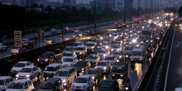 PTI                       Gurgaon Heavy traffic jam on the Delhi Gurgaon Expressway due to heavy rains in Gurgaon on Monday. PTI