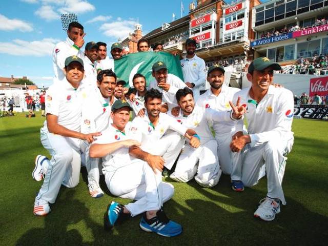 Pakistan celebrate their win over England in fourth Test at Kia Oval