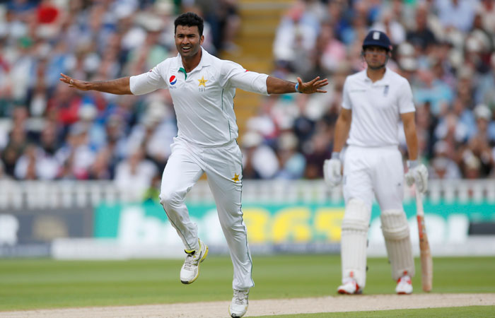 Pakistan's Sohail Khan celebrates the wicket of England's Joe Root during the first day of the third Test at Edgbaston Wednesday. — Reuters