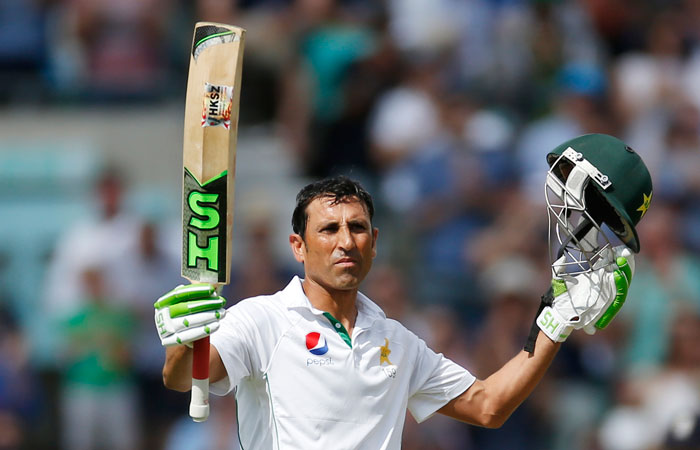 Pakistan's Younis Khan celebrates his double century against England at the Oval in London Saturday. — Reuters