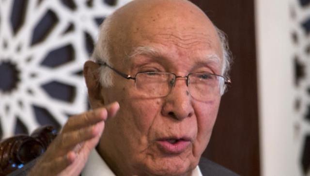 Pakistani prime minister’s adviser on foreign affairs Sartaj Aziz addresses a news conference in Islamabad on Friday