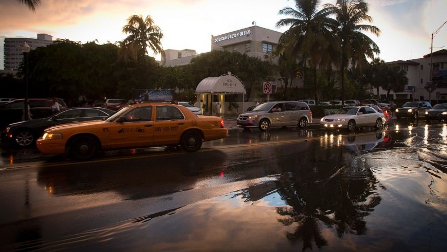 Palm trees are reflected in puddles after a torrential downpour in the South Beach part of Miami