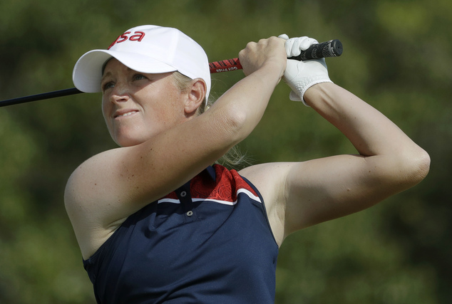 Stacy Lewis of United States watches her tee shot on the 4th hole during the second round of the women's golf event at the 2016 Summer Olympics in Rio de Ja