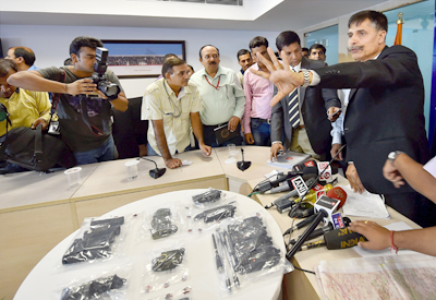 NIA Inspector General of Police Sanjeev Kumar gestures during a press conference following the arrest of Lashkar-e Taiba terrorist Bahadur Ali in New Delhi on Wednesday