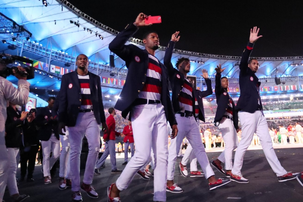 Paul George soaks in the opening ceremonies with Team USA.- Rob Schumacher-USA TODAY Sports