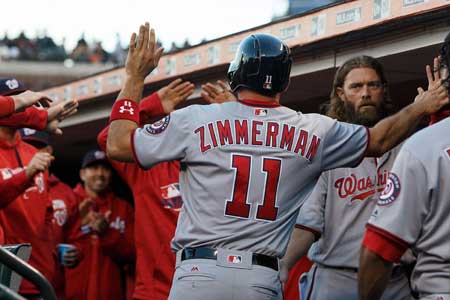 Ryan Zimmerman No.11 of the Washington Nationals is congratulated by teammates in the dugout after scoring a run against the San Francisco Giants during the second inning at AT&T Park on Friday in San Francisco California. AFP