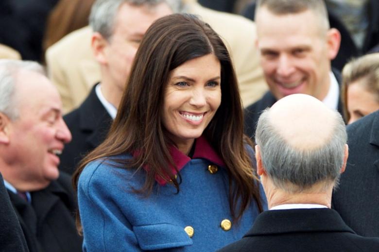 Pennsylvania Attorney General Kathleen Kane congratulates Governor Tom Wolf following his inauguration ceremony at the State Capitol in Harrisburg