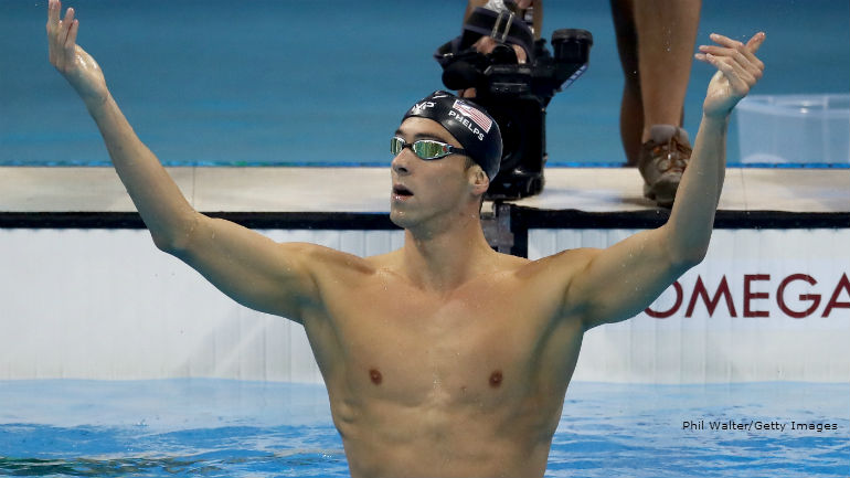 RIO DE JANEIRO BRAZIL- AUGUST 09 Michael Phelps of the United States celebrates winning gold in the Men's 200m Butterfly Final on Day 4 of the Rio 2016 Olympic Games at the Olympic Aquatics Stadium