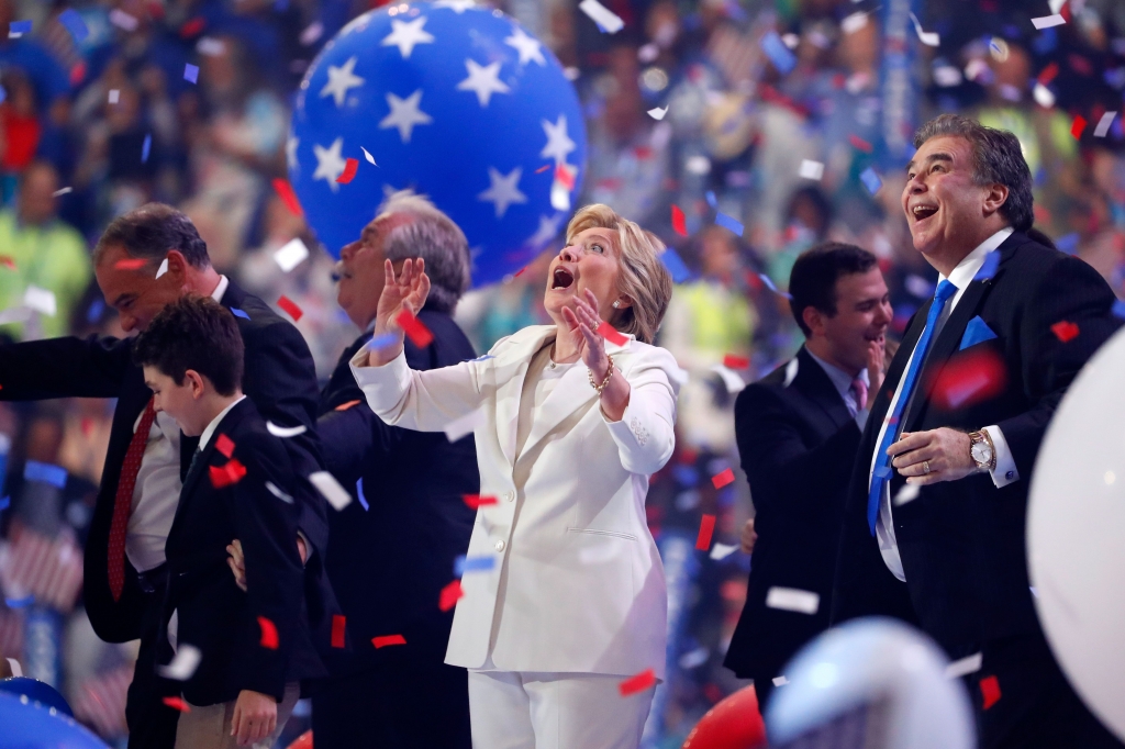 PHILADELPHIA PA- JULY 28 Democratic presidential candidate Hillary Clinton watches balloons drop at the end of the fourth day of the Democratic National Convention at the Wells Fargo Center