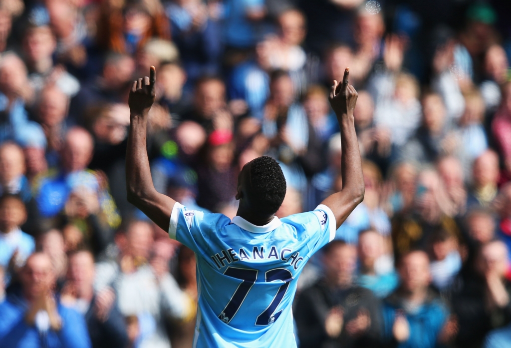 MANCHESTER ENGLAND- APRIL 23 Kelechi Iheanacho of Manchester City celebrates scoring his sides third goal during the Barclays Premier League match between Manchester City and Stoke City at Etihad Stadium