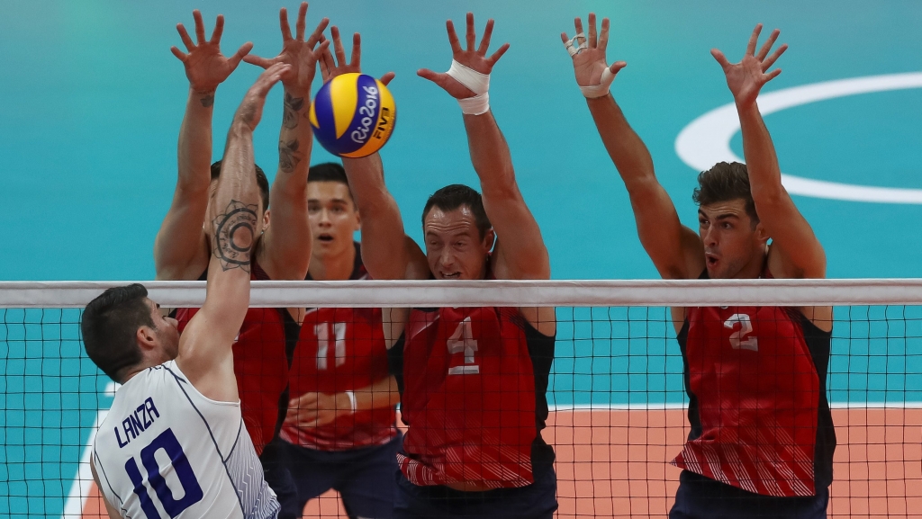 RIO DE JANEIRO BRAZIL- AUGUST 09 Filippo Lanza #10 of Italy spikes the ball during the men's qualifying volleyball match between the United States and Italy on Day 4 of the Rio 2016 Olympic Games at the Maracanazinho