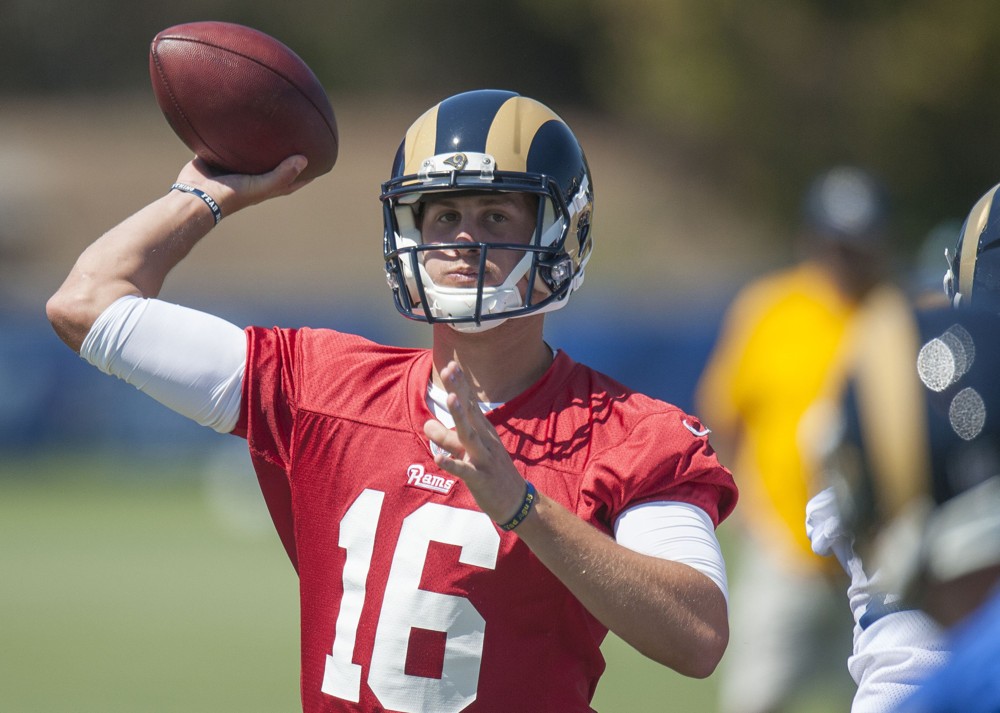 Irvine CA USA- Rams&#039 quarterback Jared Goff throws during practice at UCI on Thursday