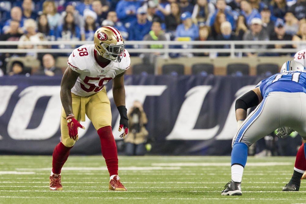 27 DECEMBER 2015 San Francisco 49ers linebacker Eli Harold waits for the snap of the ball during game action between the San Francisco 49ers and the Detroit Lions during a regular season game played at Ford Field in Detroit Michigan