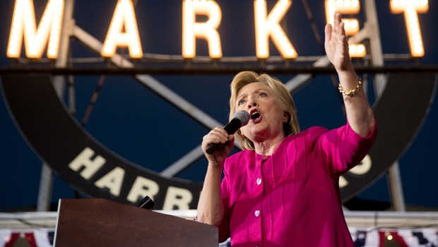 Democratic presidential candidate Hillary Clinton speaks during a rally at Broad Street Market in Harrisburg