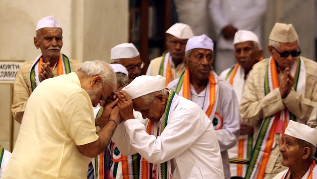 Prime Minister Narendra Modi meets freedom fighters at his residence in New Delhi on Tuesday| Shekhar Yadav