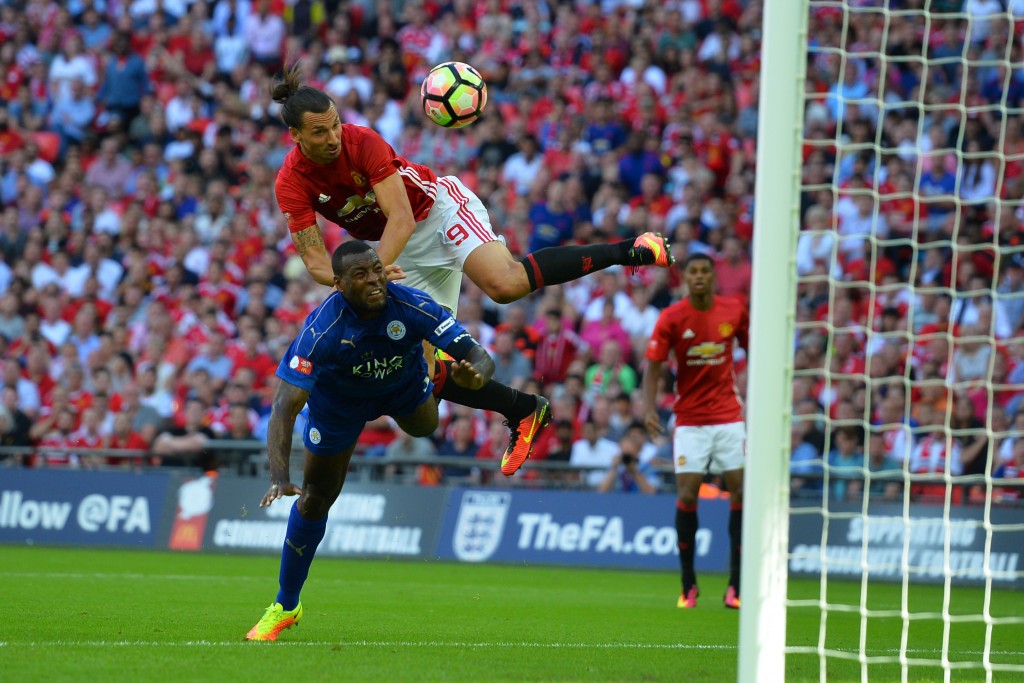 Wes Morgan was outdone by Zlatan as he towered above the strong defender to slot home United's winner