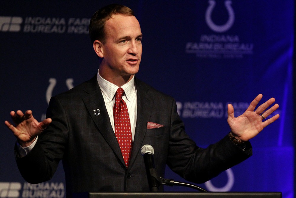 March 18 2016 Peyton Manning reflects on his playing days with the Colts during the press conference to honor Peyton Manning at the Indianapolis Colts Complex in Indianapolis IN