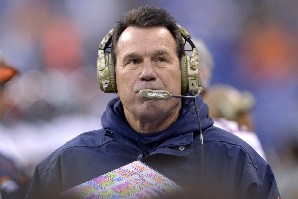 08 November 2015 Denver Broncos head coach Gary Kubiak in action during a game between the Denver Broncos and the Indianapolis Colts at Lucas Oil Stadium in Indianapolis IN