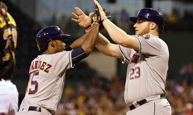 Houston Astros&#039 Teoscar Hernandez is congratulated by A.J. Reed after hitting a two run home run in the fifth inning of a baseball game against the Pittsburgh Pirates in Pittsburgh Monday Aug. 22 2016