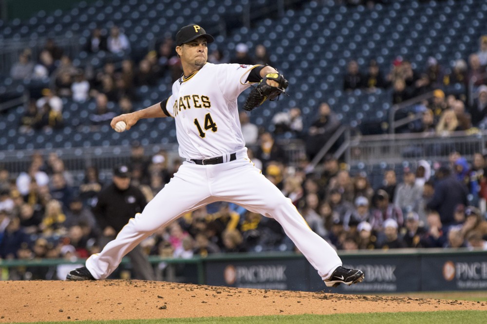 13 April 2016 Pittsburgh Pirates Pitcher Ryan Vogelsong during the game between the Detroit Tigers and the Pittsburgh Pirates at PNC Park in Pittsburgh Pa