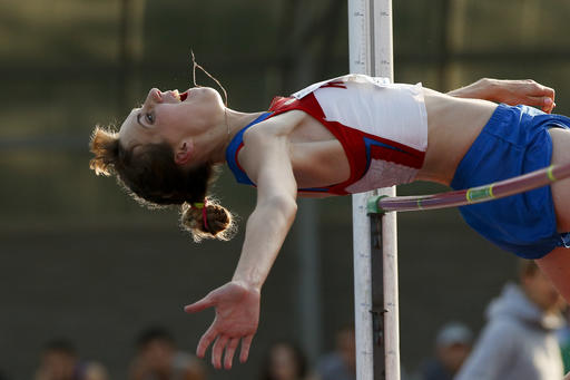 Natalya Aksyonova makes an attempt in the women's high jump during the Russian Stars 2016 track and field competitions in Moscow Russia Thursday