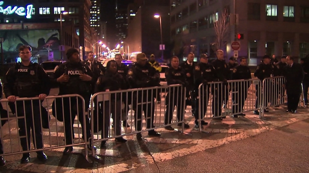 Police line up in preparation of protests in Baltimore following the mistrial of Baltimore officer William Porter