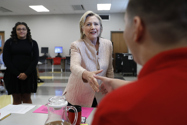 Democratic presidential candidate Hillary Clinton tours classrooms and talks with students at John Marshall High School in Cleveland Wednesday Aug. 17 201