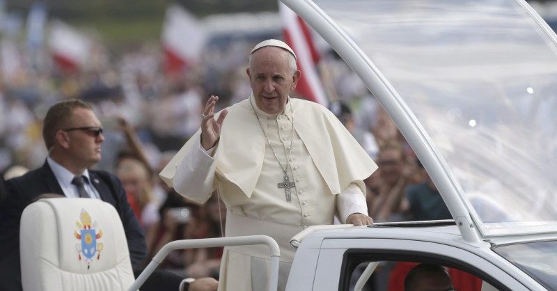 Pope Francis greets faithful as he arrives to the Campus Misericordiae during World Youth Day in Brzegi near Krakow Poland