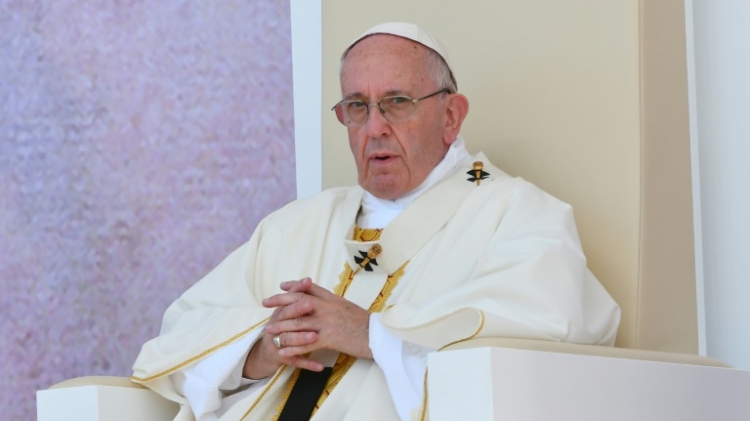 Pope Francis looks on during a mass in the Campus Misericordiae in Brzegi near Krakow